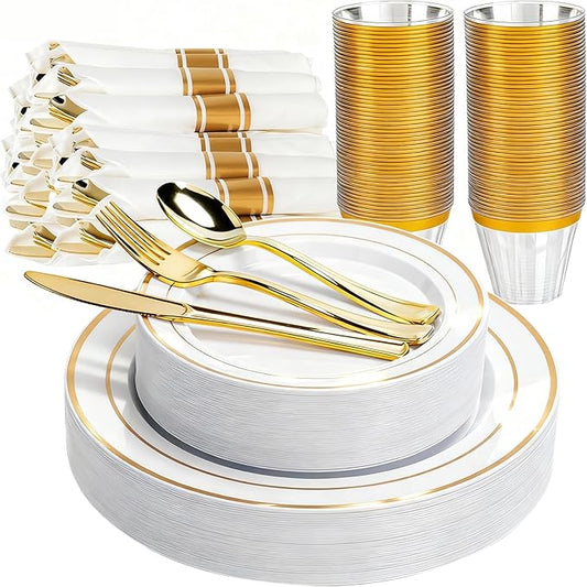 350 PCS White and Gold Plastic Dinnerware Set for 50 Guests, 100 Thanksgiving Disposable Plates for Party, 50 Pre Rolled Napkins with Gold Silverware, 50 Cups