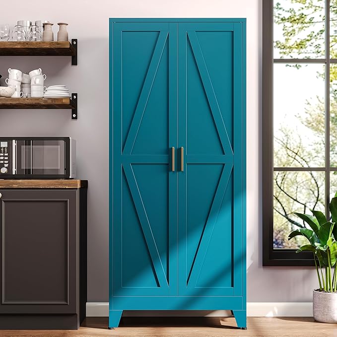 61" H Blue Metal Pantry Cabinet with Doors,Freestanding Kitchen Pantry Cabinet,Farmhouse Food Storage Cabinets,Tall and Large Pantry Cabinets for Kitchen, Dining Room, Living Room