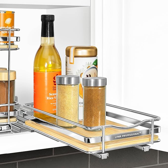 LYNK PROFESSIONAL짰 횋lite??Pull Out Spice Rack Organizer for Inside Kitchen Cabinets - 6-3/8 inch Wide - Slide Out Drawer ??Wood/Chrome Sliding Spice Cabinet Organization Shelf Racks - 1 Tier
