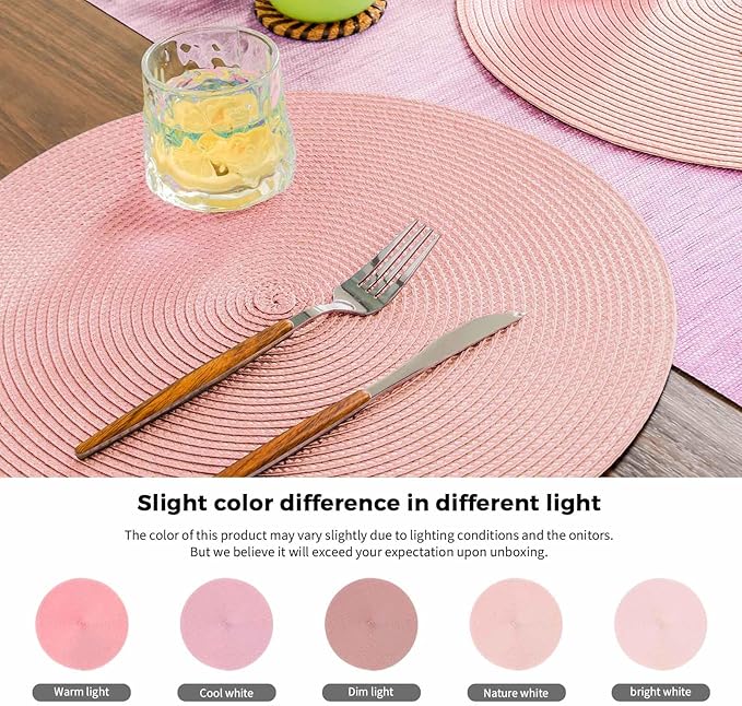 FunWheat Round Braided Placemats Set of 6 Place Mats for Dining Tables Woven Washable Non-Slip Table mats 15 inch(Pink, 6pcs)