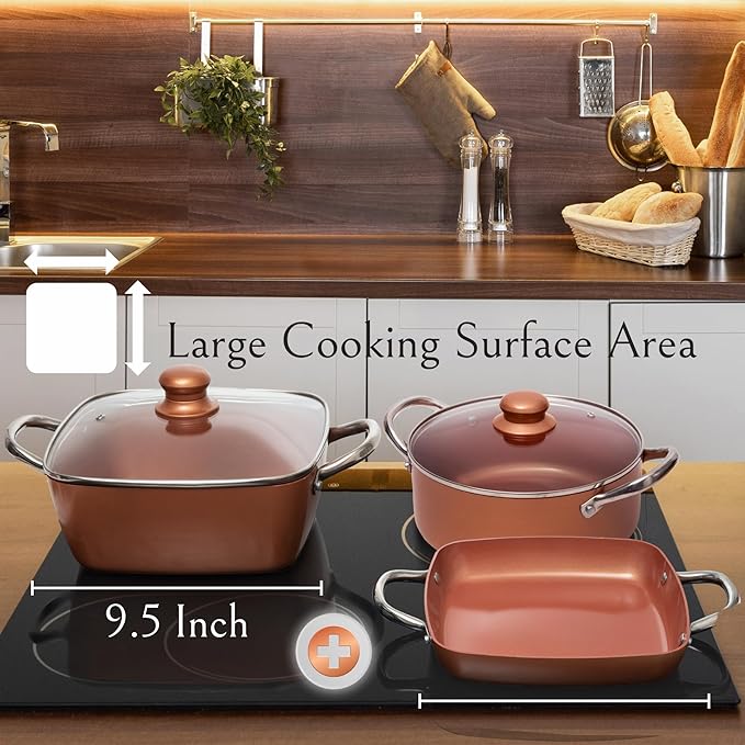 Moss & Stone 7 Pcs Copper Chef Cookware Non Stick Deep Frying Pan 9.5" x 3.5", Fry Basket, Dishwasher & Oven Safe, 5 Qt Deep Square Pot, Non Stick Pan & Round Pot, Induction Copper Cookware Set