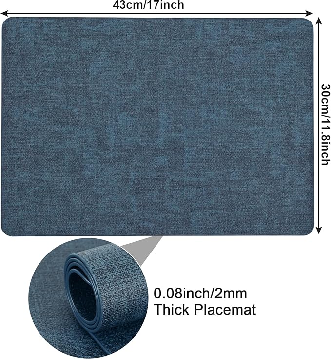 Boobezeen Faux Leather Placemats Set of 6, Heat Resistant Wipeable Washable Vinyl Place Mats, Waterproof Anti-Slip Dining Table Mats, Suitable for Indoor & Outdoor Use (Navy Blue)