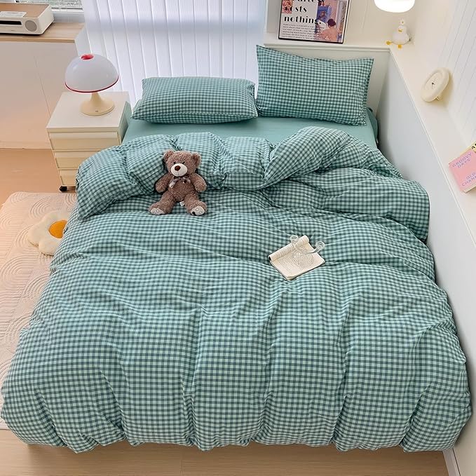 LifeTB Green Gingham Comforter Set Full Size Geometric Plaid Checkered Pattern Comforter Green Grid Plaid Printed Bedding Comforter Set with 2 Pillowcases Fluffy Soft Gingham Bedding Set Breathable