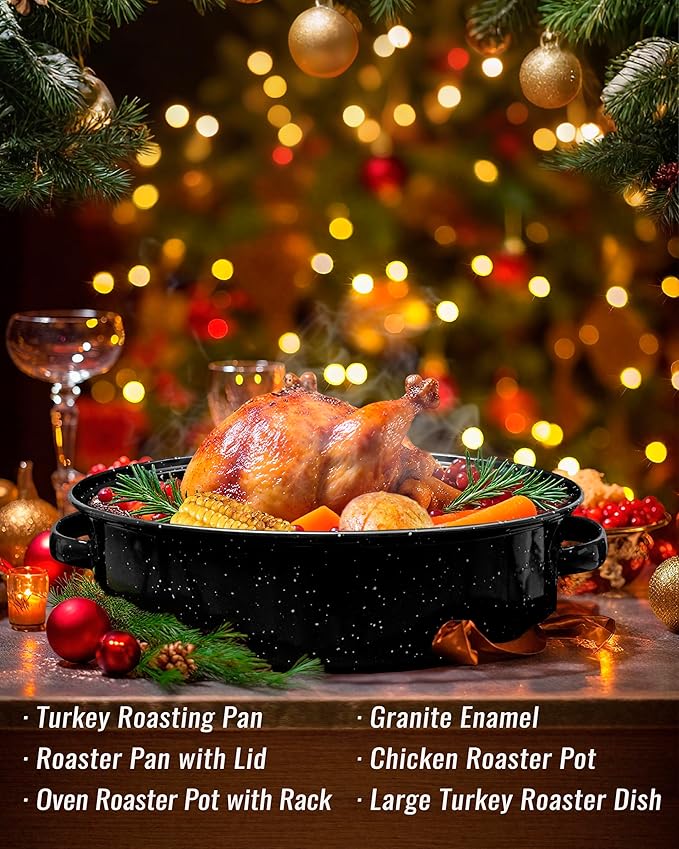 Roasting Pan with Lid & Rack 18 Inch Extra Large Deep Oven Baking Pot, Enamel Granite NonStick Oval Carbon Steel Potato Roaster Pot for Turkey Chicken Ham Steak NonToxic Perfect for Christmas Gift