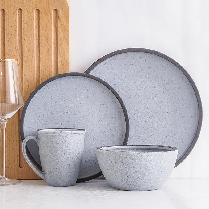 Stone Lain Tina Rustic Stoneware Reactive Glaze Dinnerware Set, Service for 4, Blue and Grey, 16 Piece