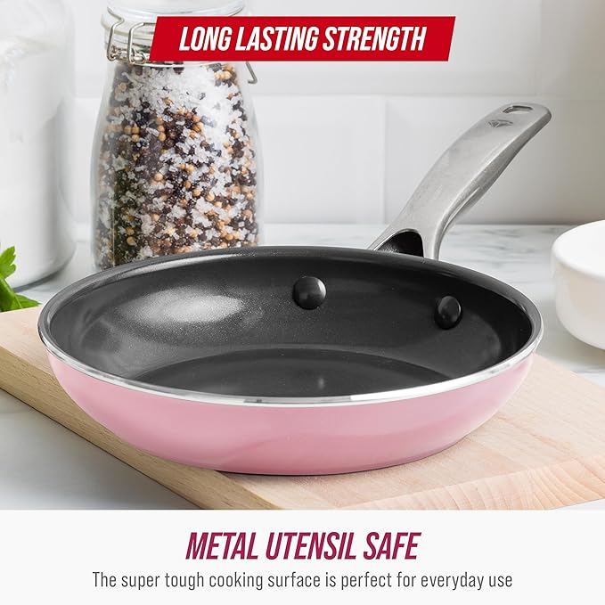 Blue Diamond Frying Pan 8??Skillet, Diamond Infused Healthy Ceramic Nonstick, PFAS and PFOA-Free, Dishwasher and Oven Safe, Even Heating, Metal Utensil Safe, Warp Control Base, Pink