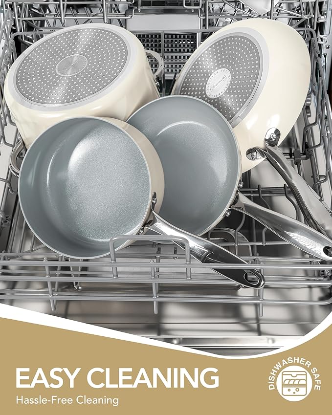 MICHELANGELO Pots and Pans Set Non Stick - Ceramic Cookware Set Non Toxic, 8-Pcs Nonstick Pots and Pans with Ergonomic Handle, Dishwasher Safe & Induction Compatible, Cream