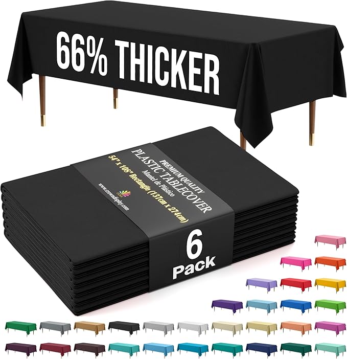 Exquisite Party Solids 66% Thicker Premium Plastic Table Cloth Rectangle Table Cover 0.5 Mil 6 Pack Black Table Cloth 54 Inch x 108 Inch Disposable Tablecloth Won't Tear Easily Like Cheap Thin Brands
