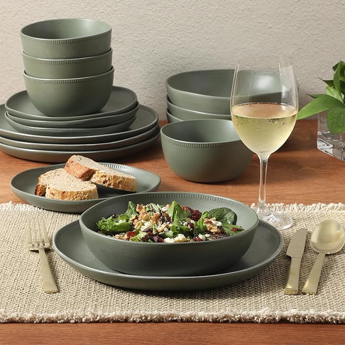 Gibson Elite Menlo Park 16-Piece Pottery Clay Stoneware Dinnerware Set ??Green Reactive Glaze, Organic Shape Embossed Plates and Bowls W/Pasta Bowl, Service for 4 ??Microwave & Dishwasher Safe