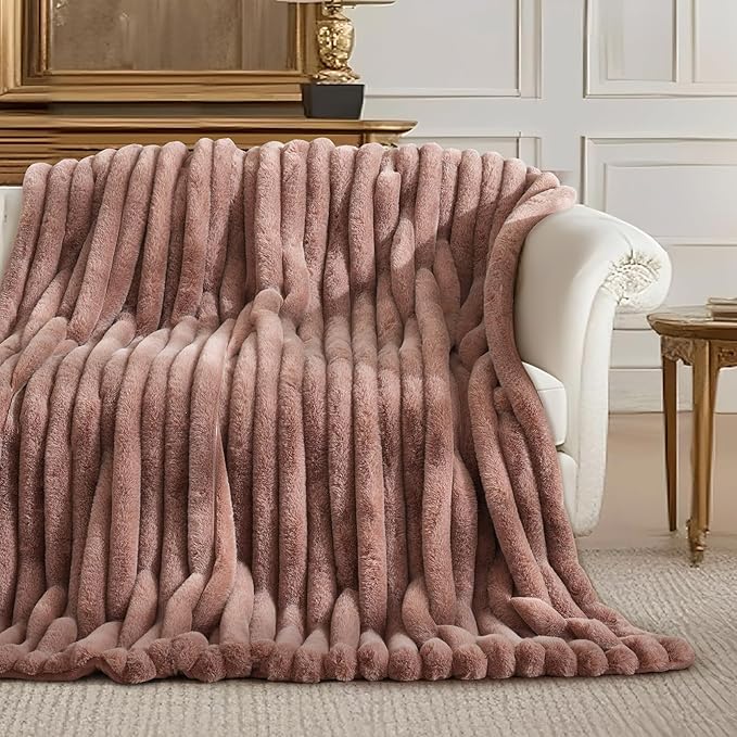 Am챕lie Home Faux Fur Throw Blanket for Couch, Ultra Cozy Fuzzy Fluffy Fur Luxurious Soft Striped Plush Gift Blankets for Family Sofa Chair Bedroom, 60"x80", Cationic Fox Brown