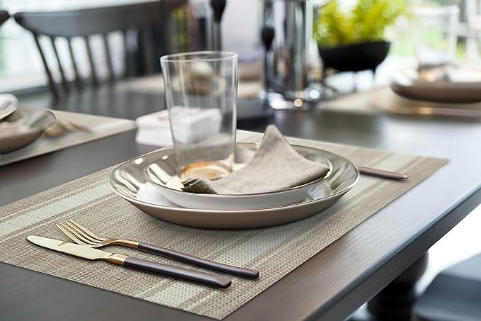 More D챕cor Dining Table Placemats, Washable Heat-Resistant PVC Vinyl Table Mats for Dining Room and Kitchen, Anti-Slip - Set of 4 - Horizontal Striped White- Beige