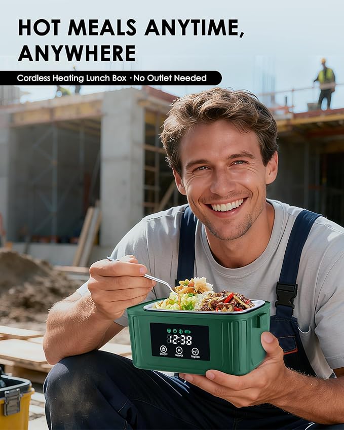 Aurevit Cordless Electric Lunch Box for Adults, 1.4L Heated Lunch Box for Men with Smart Meal Scheduling & Auto Keep Warm, Portable Food Warmer for Car with Insulated Bag, Ice Pack (Brewster Green)