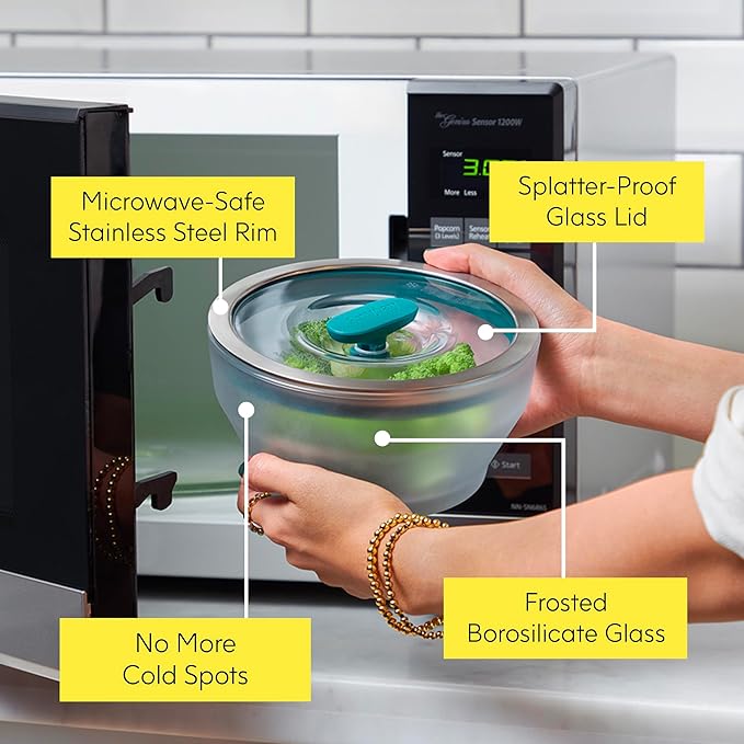Anyday 7-Cup Microwave Cookware and Glass Container with Glass Lid, Plastic-Free Shallow Food Storage | Stackable Airtight Steamer with Vented Lid for Microwave-Safe Reheating & Steaming Vegetables