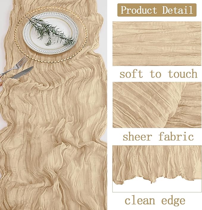 4 Pack Beige Cheesecloth Table Runner 20 x 120 inch Gauze Table Runners 10 FT Long,Semi Sheer Boho Cheese Cloth Fabric Table Runner Bulk for Party,Wedding,Baby Shower,Bridal Shower Decoration