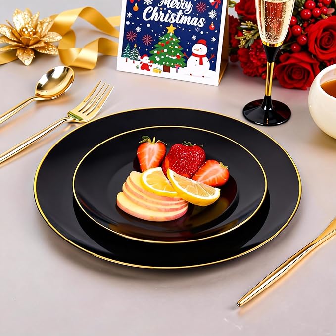 I00000 150Pcs Black Plastic Plates, Black Disposable Plates, Heavy Duty black plates for 30 Guests,Plastic Dinnerware Set Include 30 Dinner Plate,30 Dessert Plate,90 Gold Cutlery Set for Party