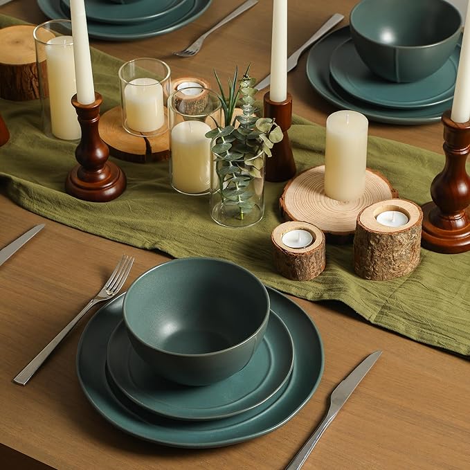 Stone Lain Infinity 12-Piece Dinnerware Set Stoneware, Plates and Bowls Set, Dishwasher and Microwave Safe, Dish Set for 4, Green