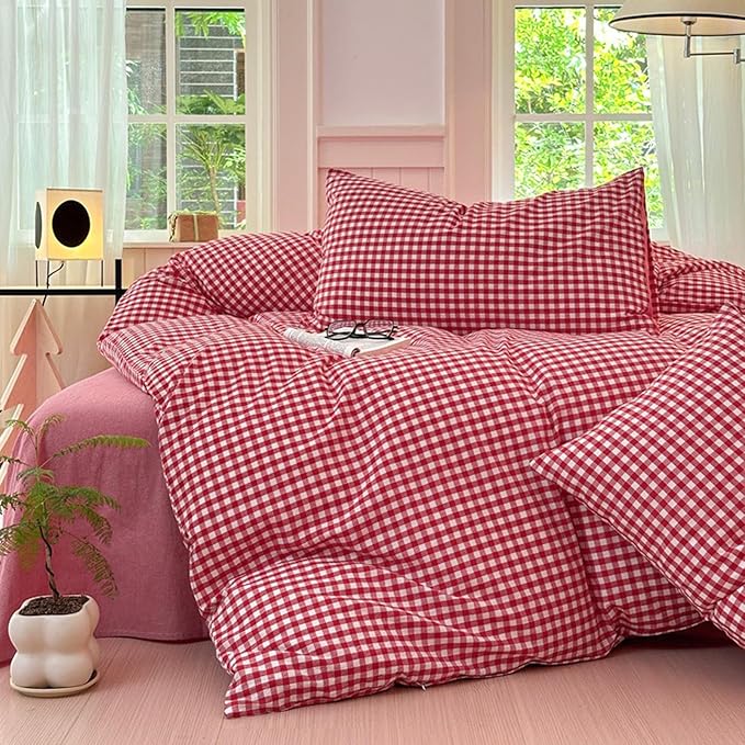 LifeTB Red Gingham Comforter Set Twin XL Modern Style Red Plaid Comforter Set 3 Pieces Soft Fluffy Grid Checkered Pattern Comforter with 2 Pillowcases Farmhouse Gingham Bedding Set Breathable