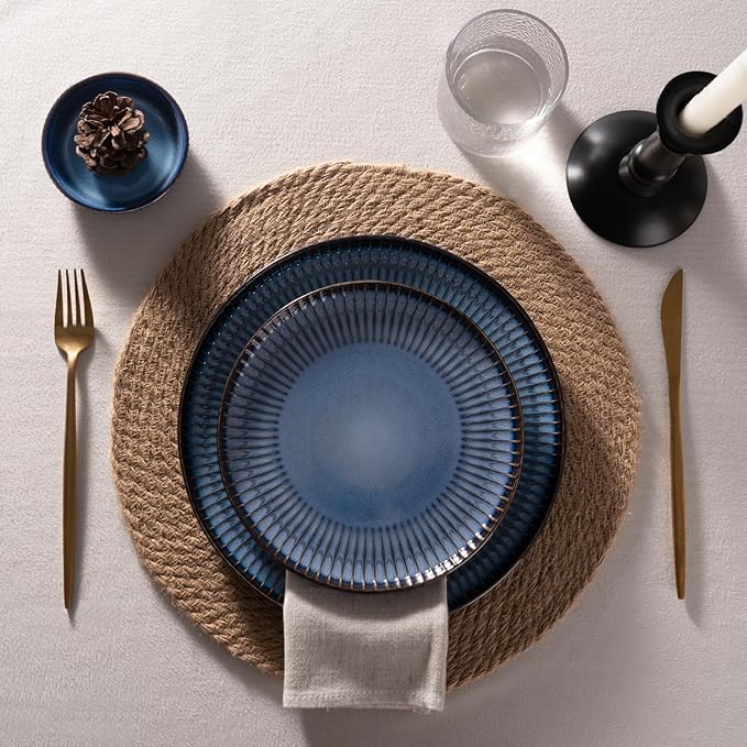 Famiware Starlight Plates and Bowls Dishes Set of 6 (18 Pieces), Ribbed Textured Stoneware Dinnerware Sets- Dishwasher & Microwave Safe, Chip & Scratch Resistant, Starry Blue