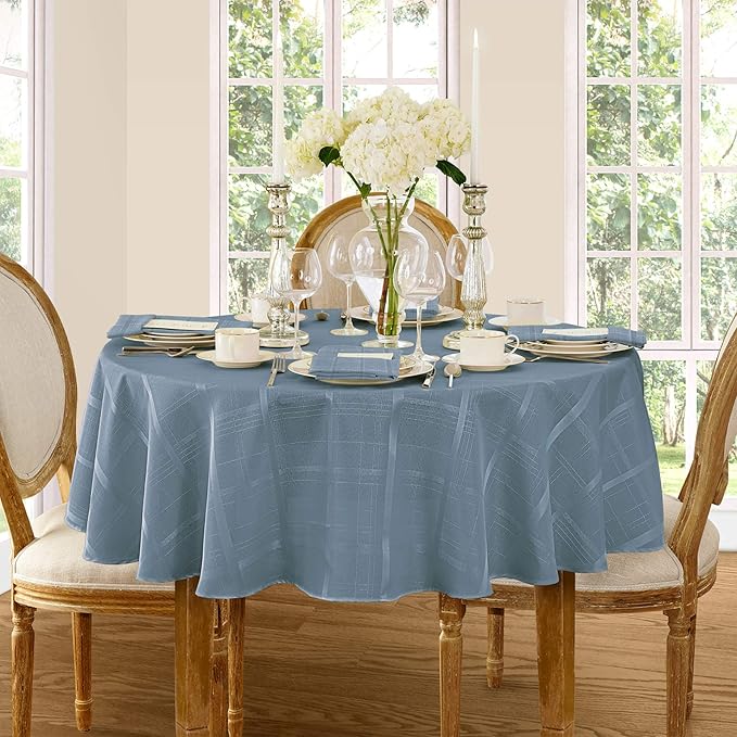 Newbridge 70 Inch Round Fabric Tablecloth, Elegance Plaid, 100% Polyester, No Iron Soil Resistant Dining Room, Party and Banquet Table Cover, Solid Textured, Shadow Blue