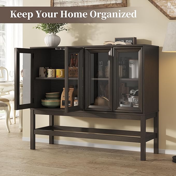 Sideboard Buffet Cabinet with Storage, Large Kitchen Coffee Wine Bar Cabinet with Glass Press-to-Open Doors, Wood Mid Century Modern Side Board Table for Dining Room, Living Room