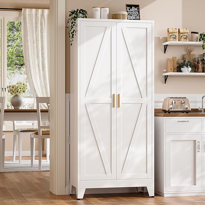 61" H Metal Pantry Cabinet,White Storage Cabinet with Doors,Freestanding Kitchen Pantry Cabinet,Farmhouse Food Storage Cabinets,Tall and Large Pantry Cabinets for Dining Room, Living Room