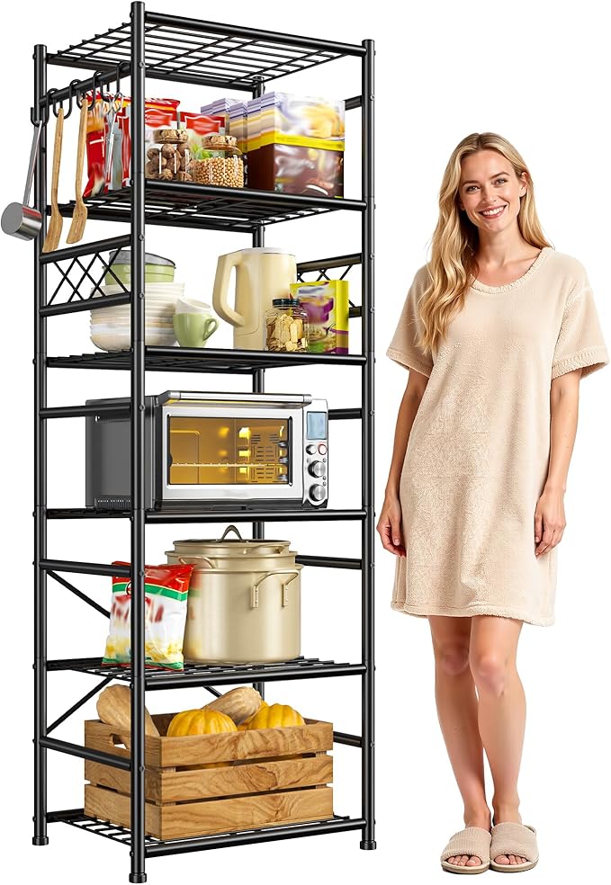 Storage Shelves-6 Tier Metal Shelving Unit with Hooks,Heavy Duty Garage Shelving with Leveling Feet,High Standing Shelf Organizer for Kitchen Pantry Bathroom Dorm,17.7?쓂횞11.8?쒭 횞72.2?쒱,Black