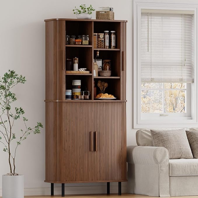 ONBRILL 71" Fluted Pantry Cabinet, Tall Kitchen Pantry Storage Cabinet with 2 Pegboards, 4 Hooks & Adjustable Shelves, Wood Cupboard for Kitchen, Dining Room, Living Room and Hallway, Walnut