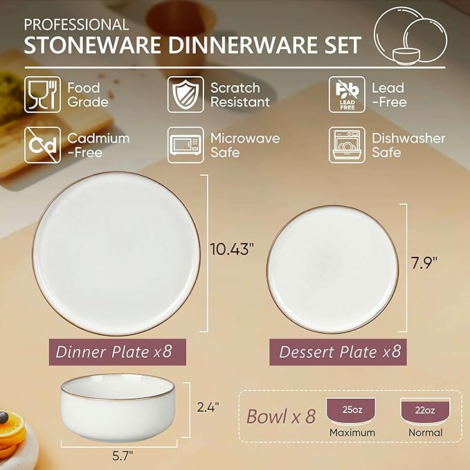 Herogo 24 Pieces Stoneware Dinnerware Dishes Sets for 8, Kitchen Handmade Dining Plates and Bowls Sets, Double Reactive Glaze, Microwave & Dishwasher Safe, Scratch Resistant, Ivory White