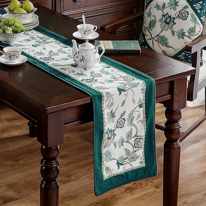 patdrea Designer Elegant French Floral Extra Long Velvet Table Runner, Teal Blossoms Pattern Table Mat, Decoration for Kitchen Dining Coffee Table Shelf Cabinet Banquet Thanksgiving,12"*118"