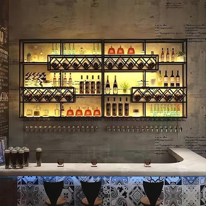 94 Inch Wine Rack Wall Mounted, 4 Tier Large Wall Mounted Liquor Shelf & Bar Shelf, Metal Wall Wine Rack with Glass Holder, Bar Shelves for Liquor Bottles Display Storage, Black (No Lights)