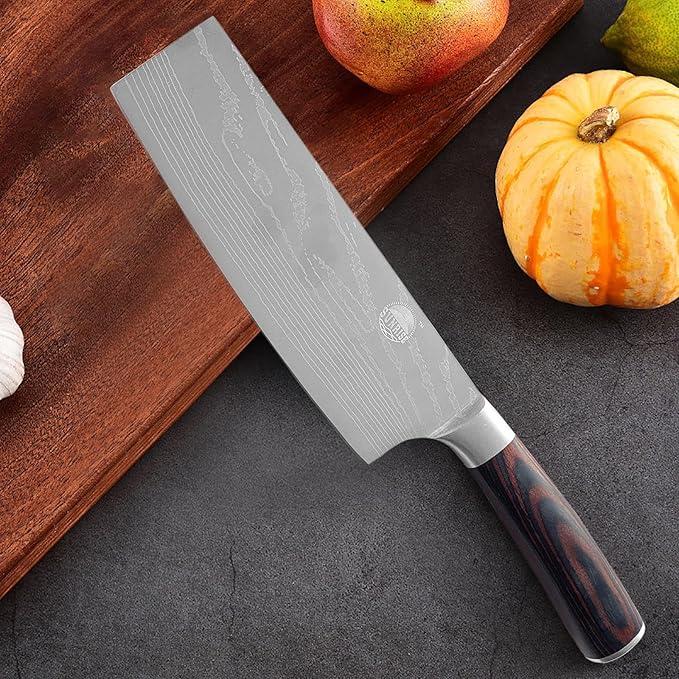 Professional 2-Piece Kitchen Knife Set, Nakiri and Paring Knives, Stainless Steel with Red Marbled Handle (Wood)