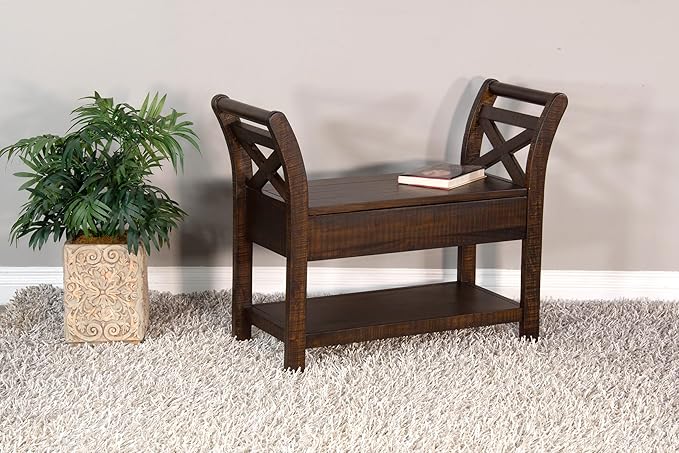 Empire USA Rustic Storage Bench, Mahogany Wood with Lower Shelf (Tobacco Leaf Finish)