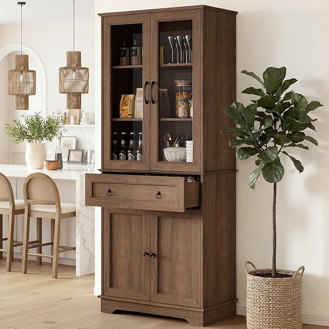 72" Tall Kitchen Pantry Storage Cabinet with Glass Doors and Drawer,Farmhouse Cupboard with Adjustable Shelves, Freestanding Food Pantry for Kitchen,Dining,Living Room,Brown