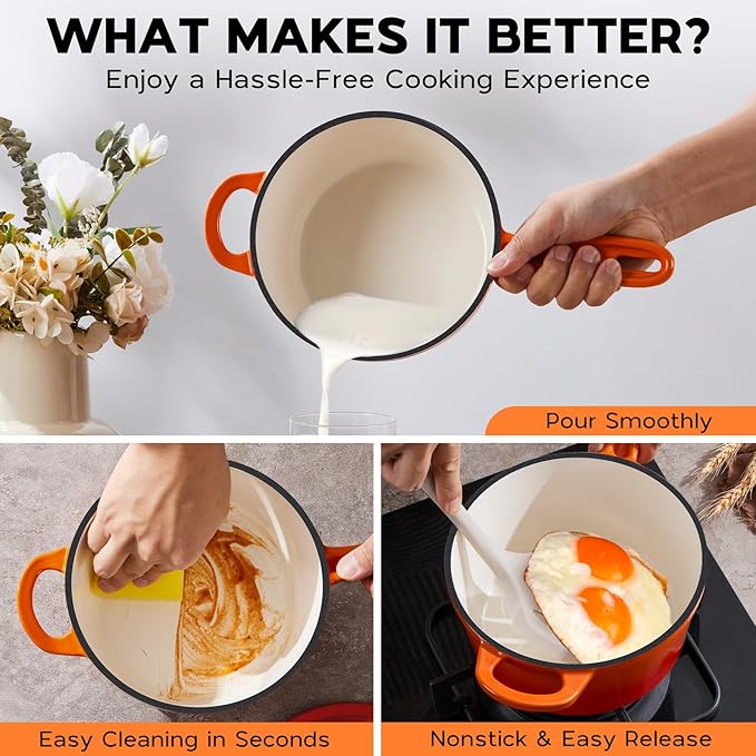 Onader 2 Quart Saucepan with Lid, Enameled Cast Iron Sauce Pan, Small Cooking Sauce Pot, Enamel Dutch Oven Pot Nonstick ??Sunset Orange