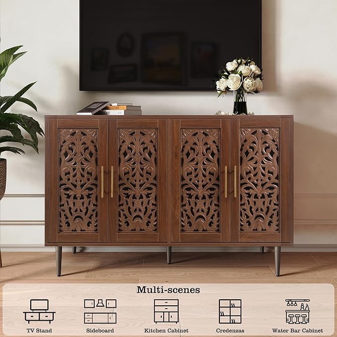 ARTPOWER 47.8" Accent Cabinet with 4 Doors, Vintage Hollow Carving Buffet Cabinet, Sideboards and Buffets with Storage, Credenza for Living Room, Kitchen, Dining Room, Entryway, Hallway, Brown