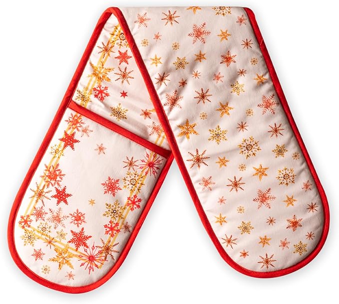 Maison d' Hermine Double Oven Mitt (7" x 35") 100% Cotton Heat Resistant BBQ Cooking Gloves with Loop for Thanksgiving Christmas Decorations Baking Cooking Barbeque Handling Hot Pan (Crystal Star)