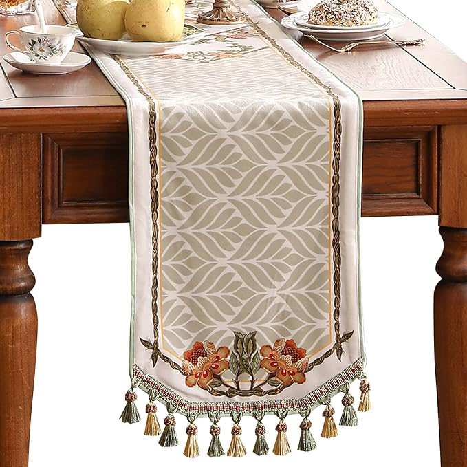 patdrea Designer Elegant French Floral Velvet Table Runner 102 Inch Long,Green with Orange Blossoms Pattern Table Mat, Decor for Kitchen Dining Coffee Table Cabinet Banquet Thanksgiving,12"*102"