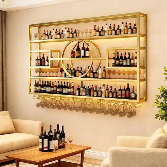 Wall Mounted Wine Rack, Modern Industrial Hanging Liquor Bottles Shelves with Wine Glass Holder, Metal Floating Wine Storage Display Shelf, for Bar, Kitchen, Wine Cellar (Gold, 120cm/47.2in)