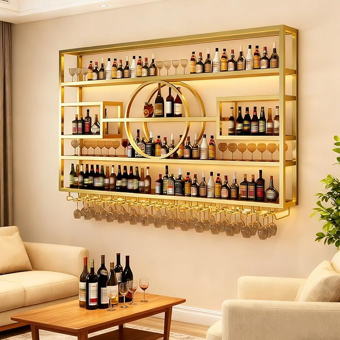 Wall Mounted Wine Rack, Modern Industrial Hanging Liquor Bottles Shelves with Wine Glass Holder, Metal Floating Wine Storage Display Shelf, for Bar, Kitchen, Wine Cellar (Gold, 320cm/126in)