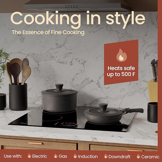 Pots & Pans Set Non Stick Ceramic-Granite ??15-Piece Cookware with Detachable Handles, Stackable Space-Saving, Dishwasher Safe, Oven & All-Stove Safe, Tempered Glass Lids, Black Granite