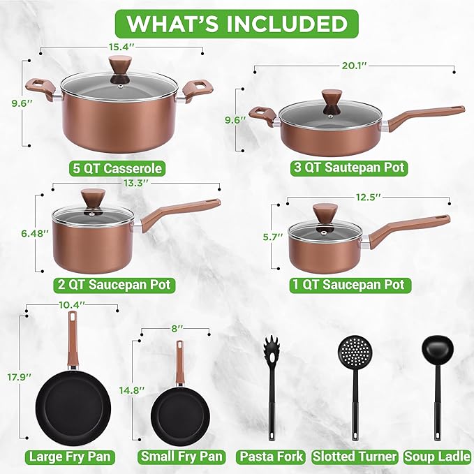 NutriChef Kitchenware Pots & Pans - Stylish Kitchen Cookware Set, Non-Stick (13-Piece Set), Brown, One Size, (NCCWA13BR.5)