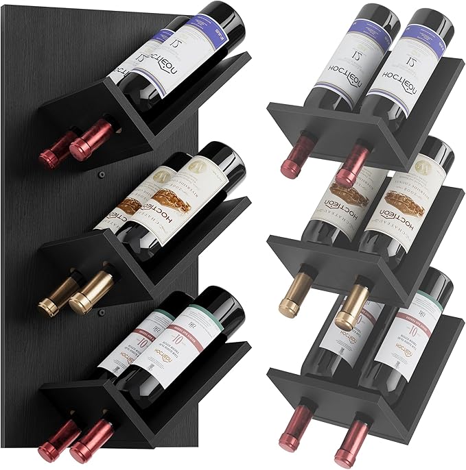 Hoctieon Wine Rack Wall Mounted, 6 Bottles Hanging Wine Racks Bar Shelves for Display & Storage, Rustic Wood Wine Bottle Holder for Home Bar, Kitchen, Dining Room, Black