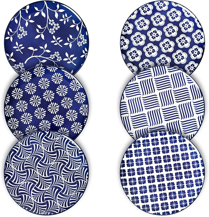 ZONEYILA Porcelain Dinner Plates, 10-Inch Ceramic Plates for Salad, Pancakes, Steak, Large Size Serving Plate for Parties, Restaurant - Dishwasher & Microwave Safe, Set of 6 (Vintage Blue)