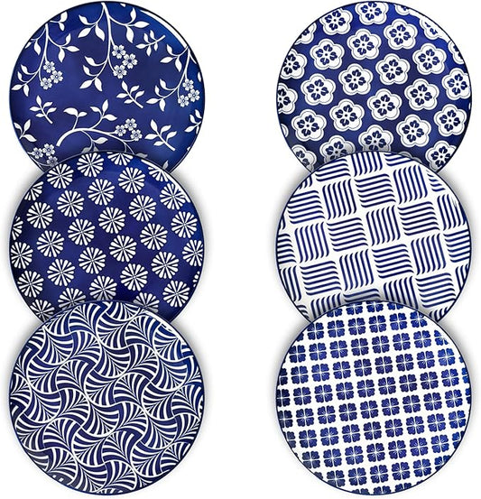 ZONEYILA Porcelain Dinner Plates, 10-Inch Ceramic Plates for Salad, Pancakes, Steak, Large Size Serving Plate for Parties, Restaurant - Dishwasher & Microwave Safe, Set of 6 (Vintage Blue)
