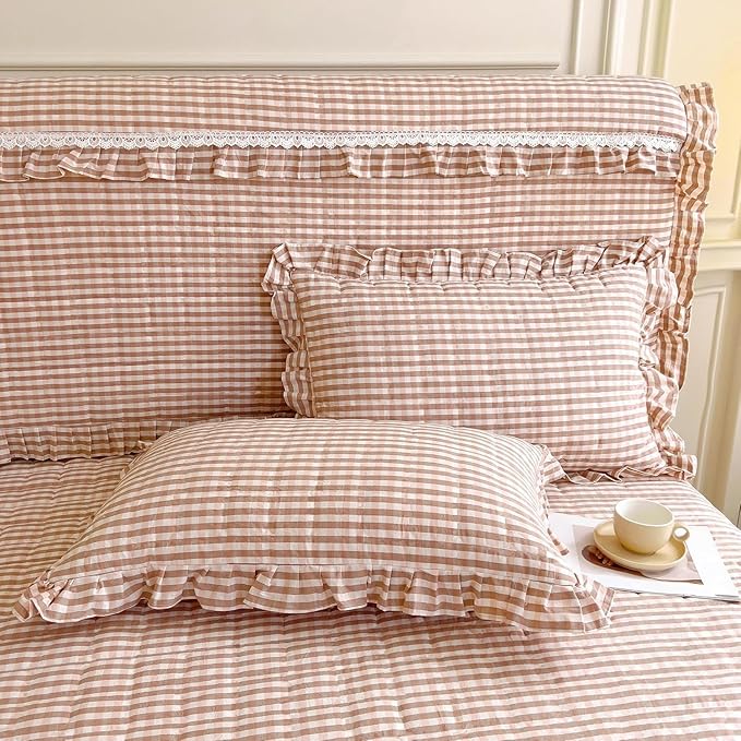 LifeTB Pink Gingham Comforter Set Full Ruffle Pink Plaid Comforter Set 3 Pieces Grid Checkered Pattern Comforter with 2 Pillowcases Fluffy Boho Farmhouse Gingham Bedding Comforter for All Seasons