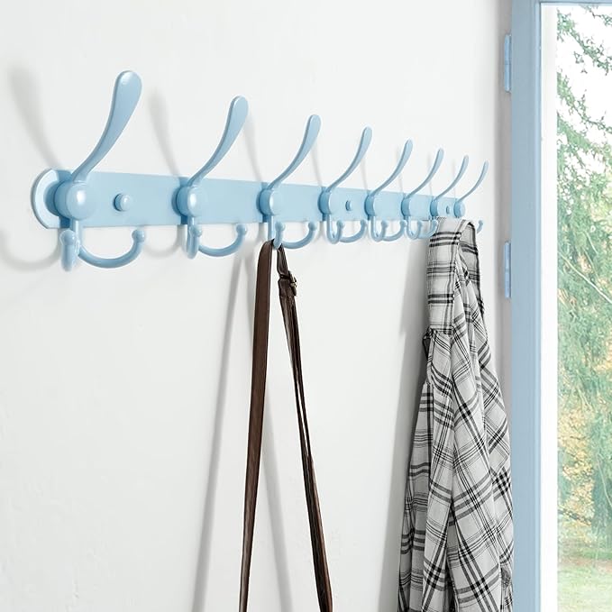 Dseap Coat Rack Wall Mount - 29.5??Long 8-Tri-Hooks Heavy Duty Coat Hanger Rail Wall Hooks for Hanging Coats Hats Clothing Clothes Purse Mudroom Entryway, Blue