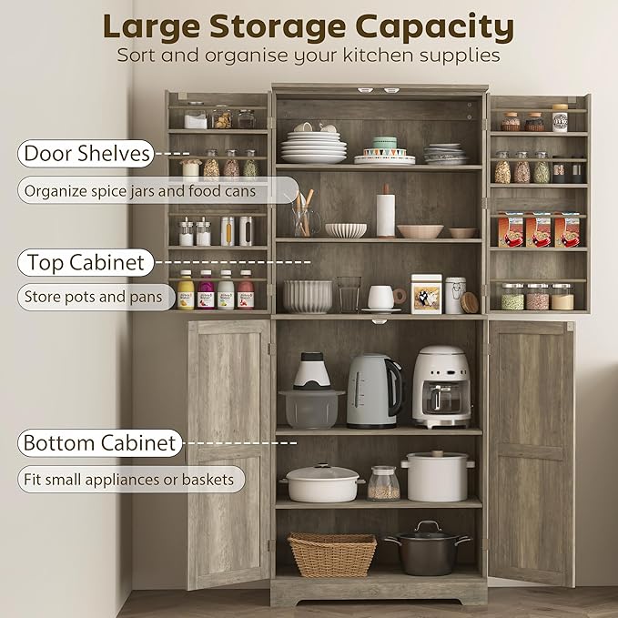 HOMCOM 72" Farmhouse Kitchen Pantry Cabinet, Freestanding Tall Storage Cabinet with 4 Barn Doors, 4 Adjustable Shelves and 8 Door Shelves, Gray Wash