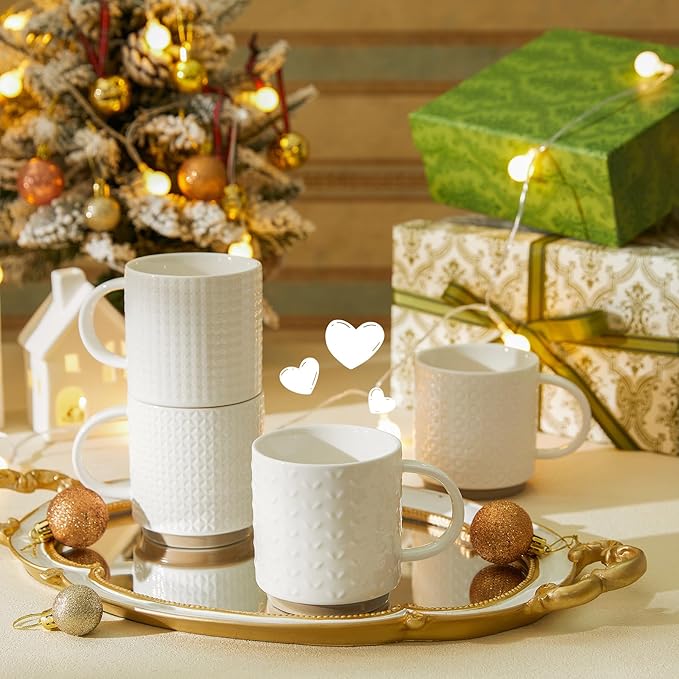 Sweese Stackable Coffee Mugs Set of 4, 10 Oz Ceramic Coffee Mug Cups with Embossed Design, Stackable Coffee Cups for Espresso, Cappuccino, Latte, Tea, White