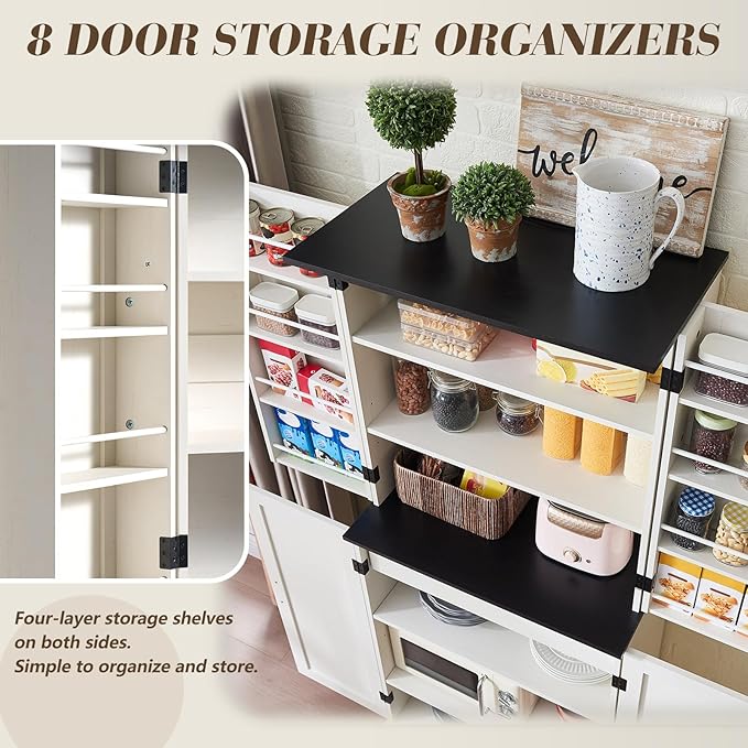VanAcc 72" Tall Farmhouse Kitchen Pantry Cabinet with Door Organizer & Adjustable Shelves, Wooden Storage Cupboard with Drawer and Barn Doors for Kitchen, Dining Room, Living Room, Distressed White