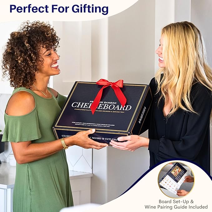 Extra Large Charcuterie Boards Gift Set: 16 in Round Bamboo Cheese Board and Knife Set, Cheese Tray - Unique for Mom, Wedding Gifts for Couple, House Warming Gifts New Home